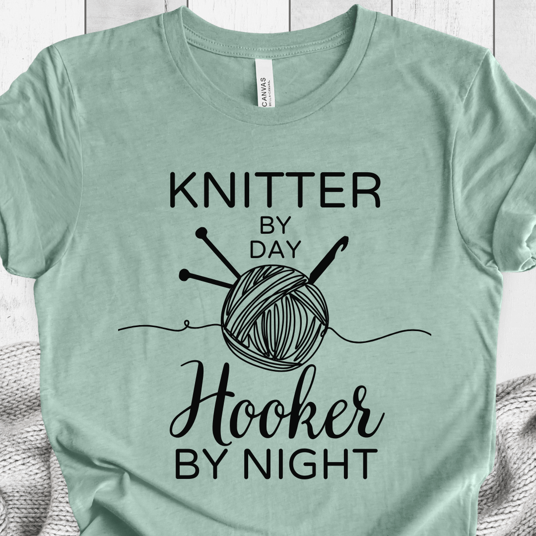 Knitter by Day, Hooker By Night T-Shirt (design 2) Sea Breeze / S