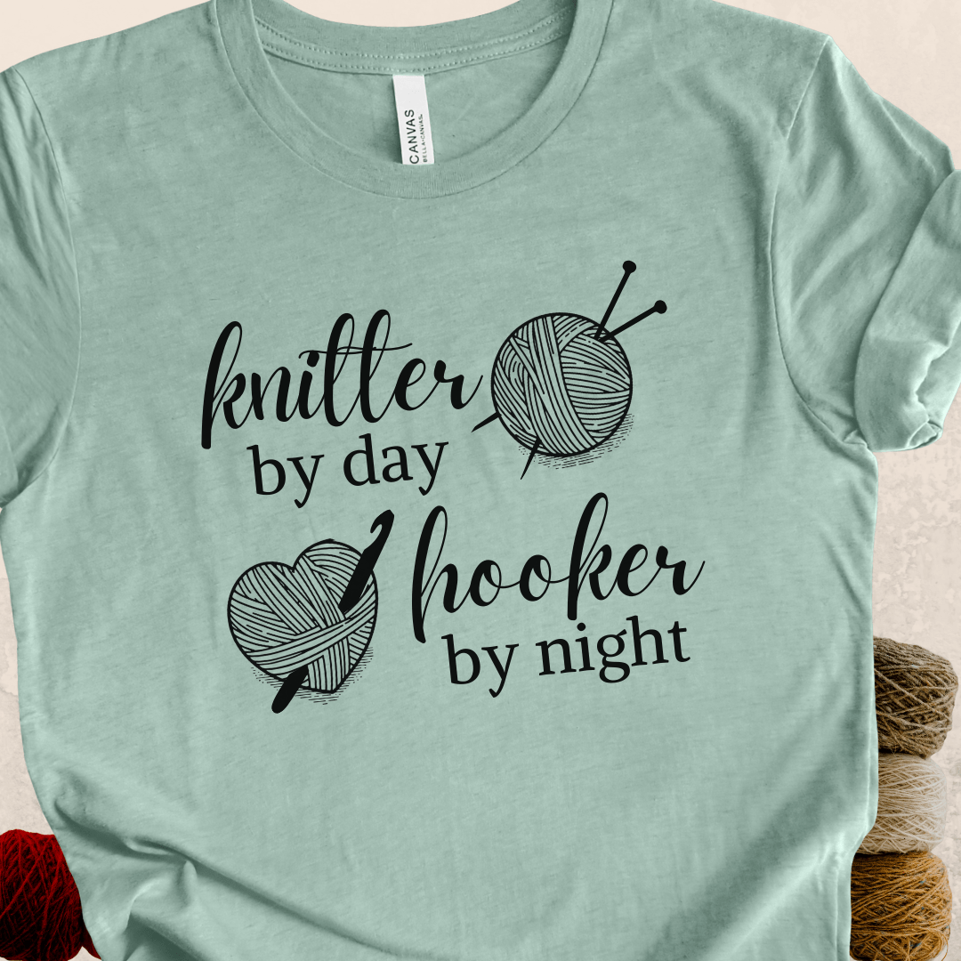 Knitter by Day, Hooker By Night T-Shirt (design 3) Sea Breeze / S
