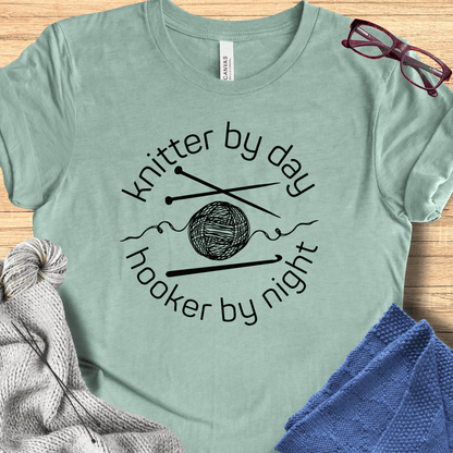 Knitter by Day, Hooker By Night T-Shirt (design 1) Sea Green / S