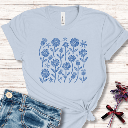 Boho Yarn Flowers T-Shirt Soft Blue / S