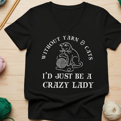 Cats & Yarn V Neck T-Shirt Solid Black Blend / S