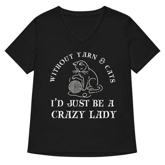 Cats & Yarn V Neck T-Shirt Solid Black Blend / S