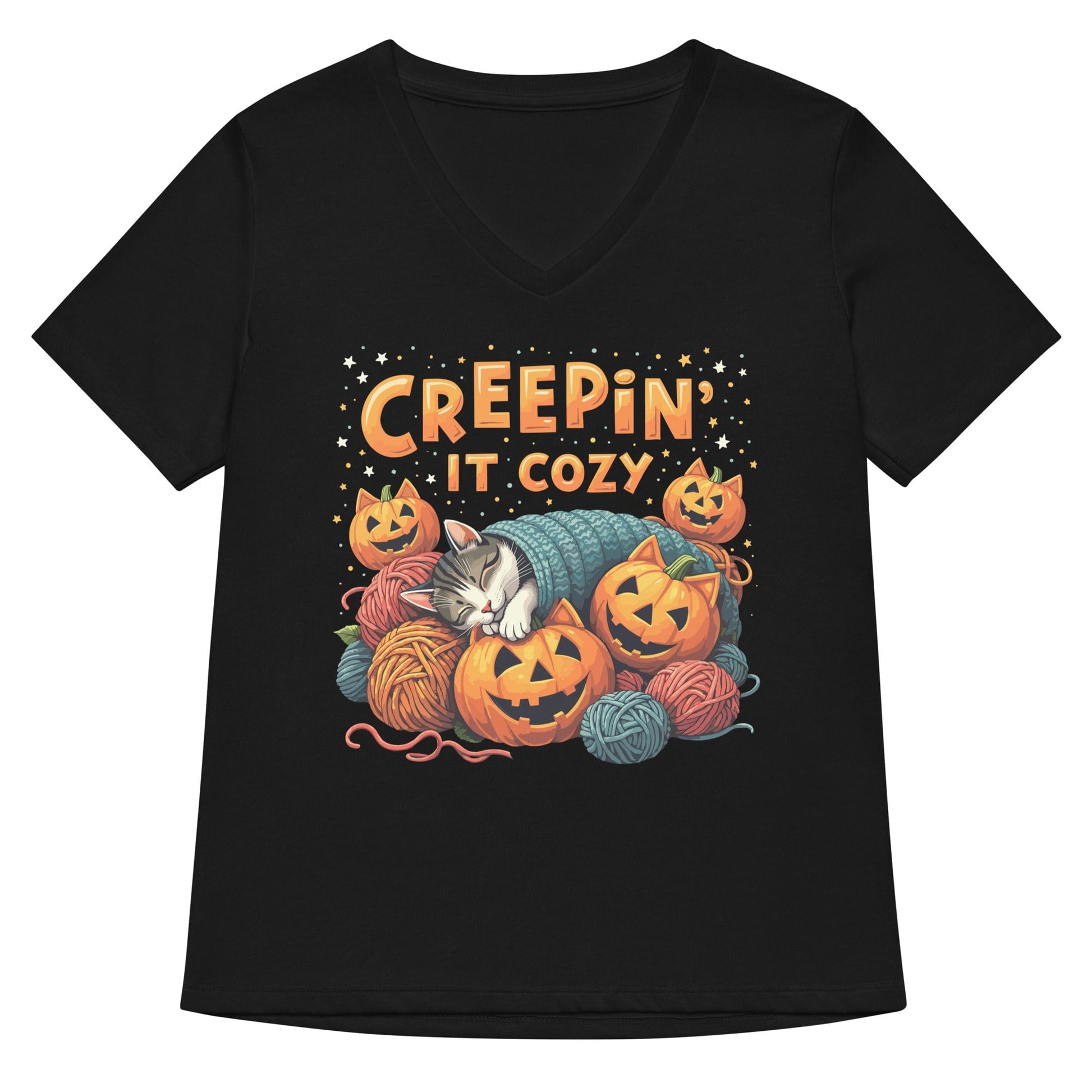 Creepin' It Cozy V Neck T-Shirt Solid Black Blend / S