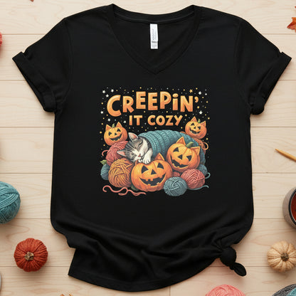 Creepin' It Cozy V Neck T-Shirt Solid Black Blend / S