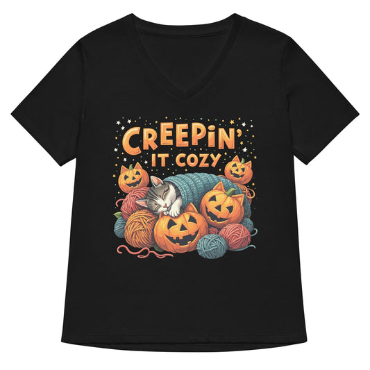 Creepin' It Cozy V Neck T-Shirt Solid Black Blend / S