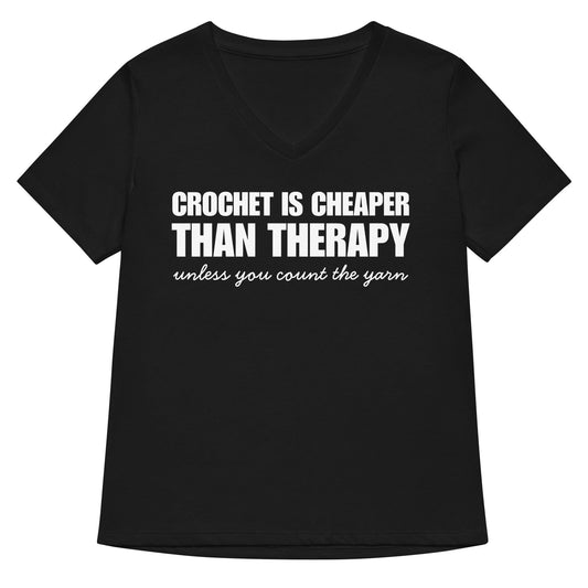 Crocheting is Cheaper V Neck T-Shirt Solid Black Blend / S