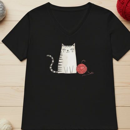 Drawn Cat V Neck T-Shirt Solid Black Blend / S