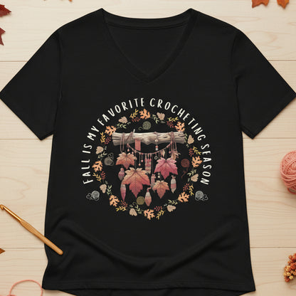 Fall is my Crocheting Season V Neck T-Shirt Solid Black Blend / S