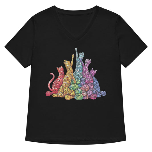 Fiber Felines V Neck T-Shirt Solid Black Blend / S