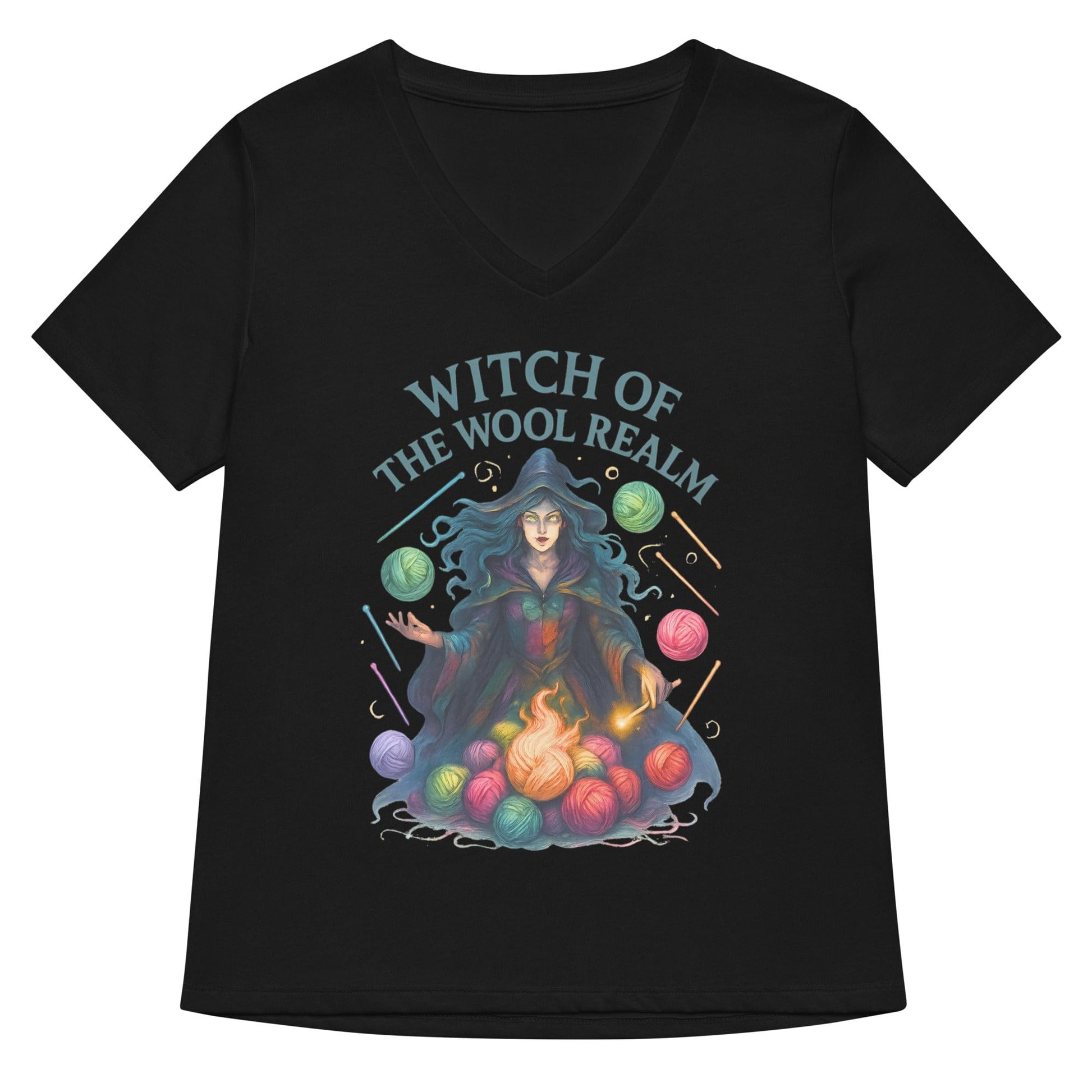 Fire Witch of the Wool Realm V Neck T-Shirt Solid Black Blend / S
