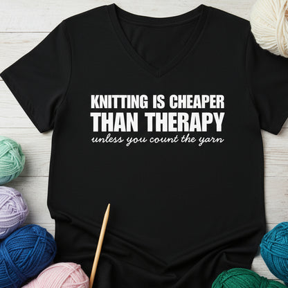 Knitting is Cheaper V Neck T-Shirt Solid Black Blend / S