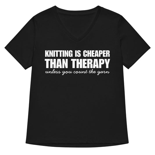 Knitting is Cheaper V Neck T-Shirt Solid Black Blend / S