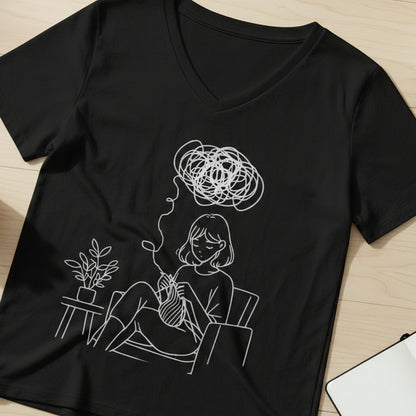 Mental Health V Neck T-Shirt Solid Black Blend / S