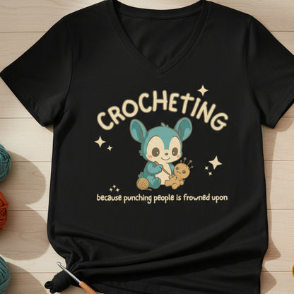 Punching People Is Frowned Upon V Neck T-Shirt Solid Black Blend / S