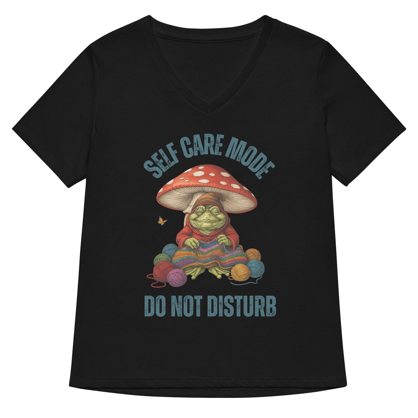 Self Care Mode V Neck T-Shirt Solid Black Blend / S