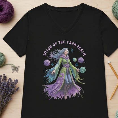 Witch of the Yarn Realm V Neck T-Shirt Solid Black Blend / S