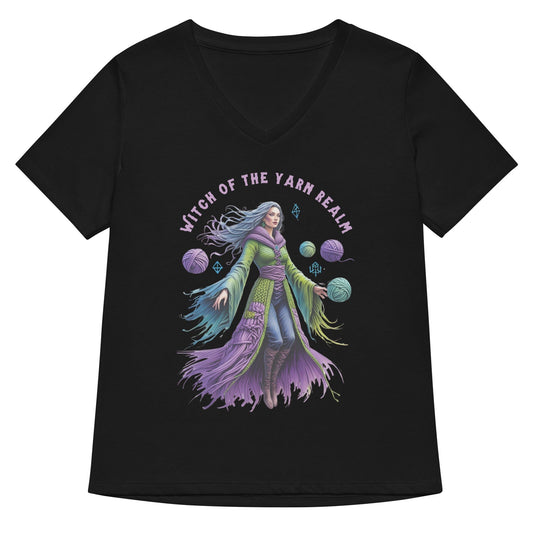 Witch of the Yarn Realm V Neck T-Shirt Solid Black Blend / S