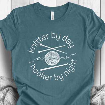 Knitter by Day, Hooker By Night T-Shirt (design 1) Teal / S