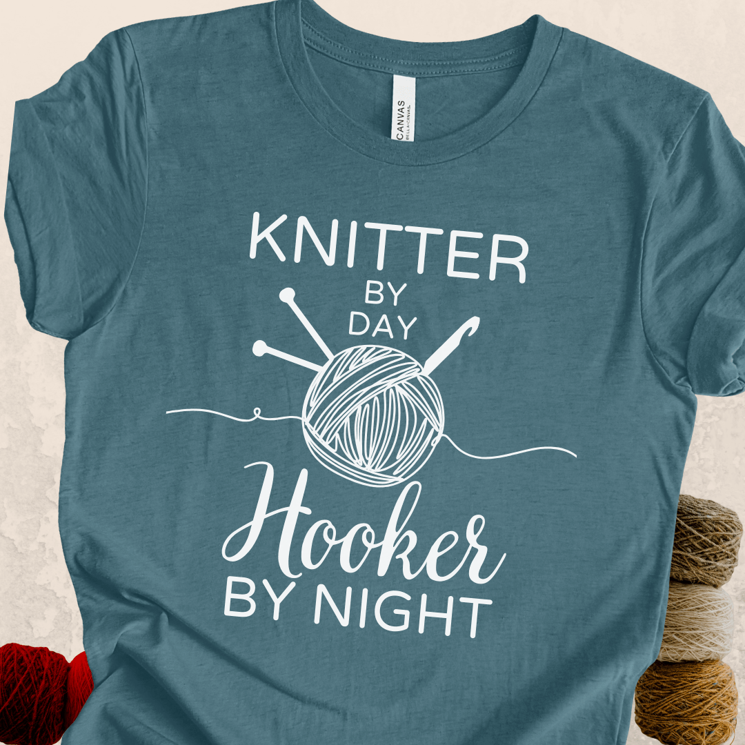 Knitter by Day, Hooker By Night T-Shirt (design 2) Teal / S