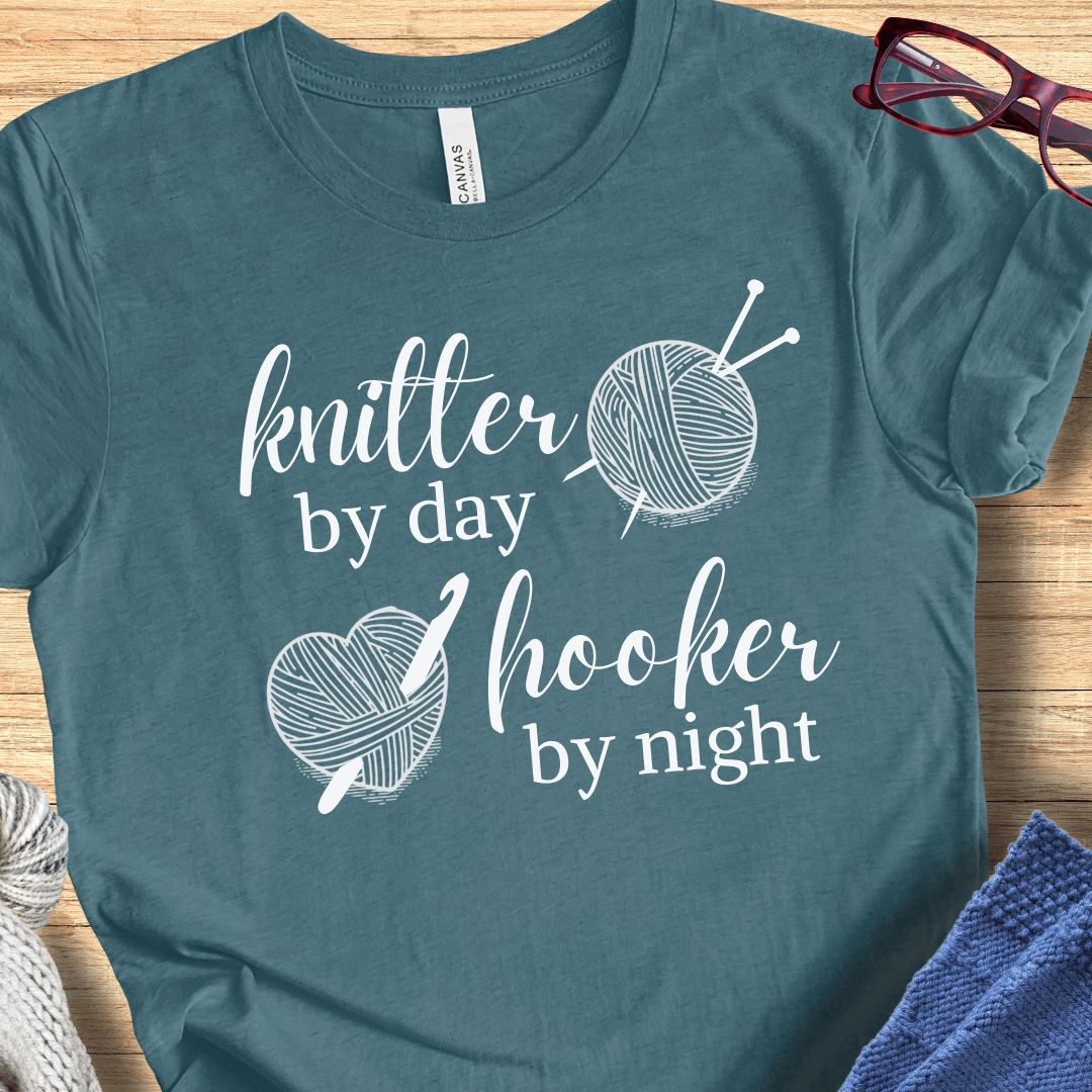 Knitter by Day, Hooker By Night T-Shirt (design 3) Teal / S