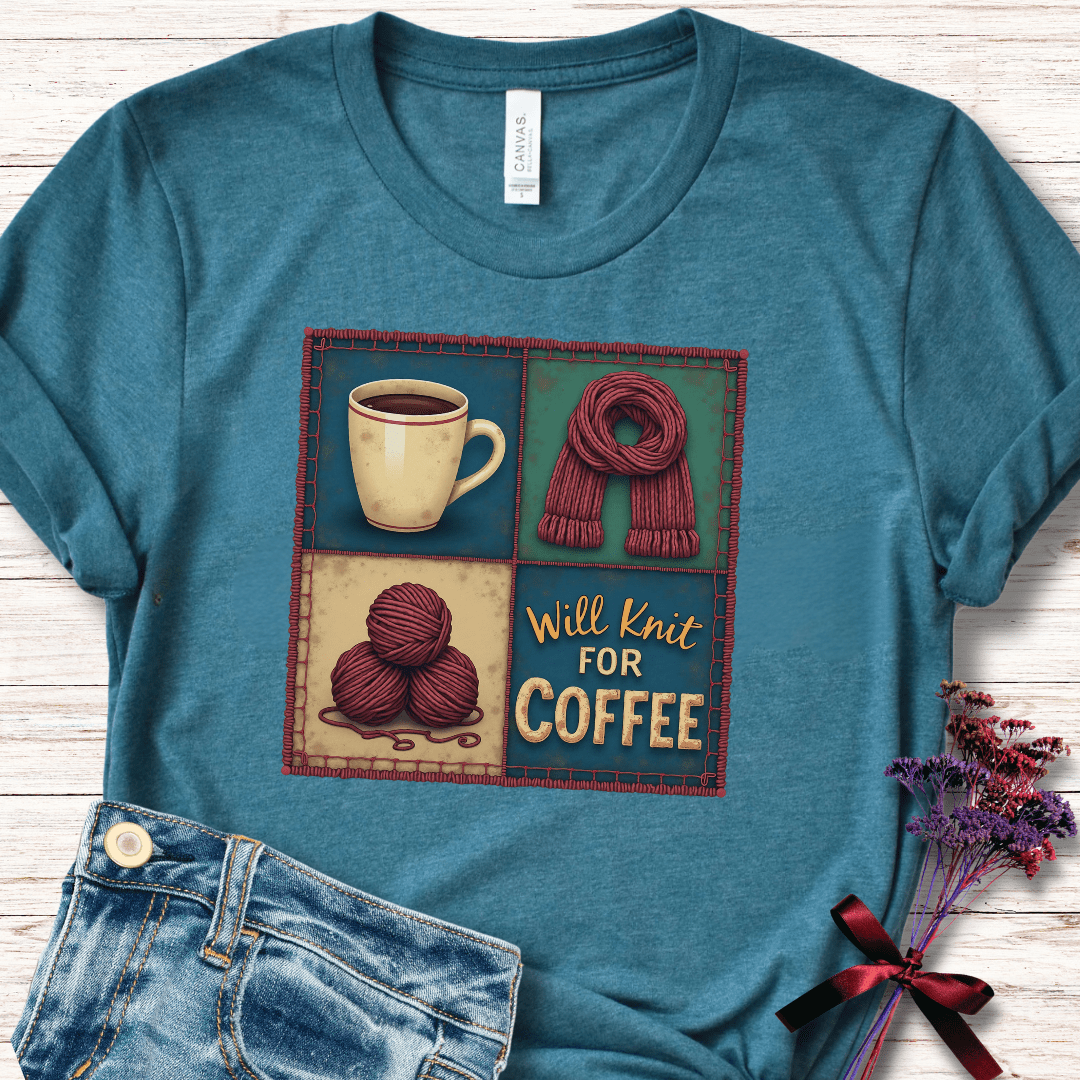Will Knit for Coffee T-Shirt (square) Teal / S