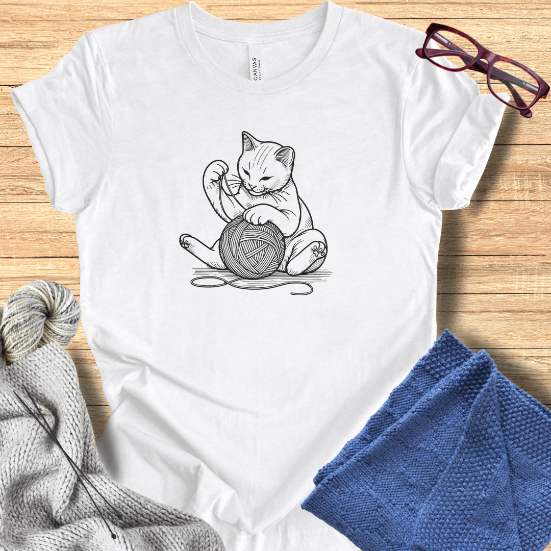 Cat Playing with Yarn T-Shirt White / S