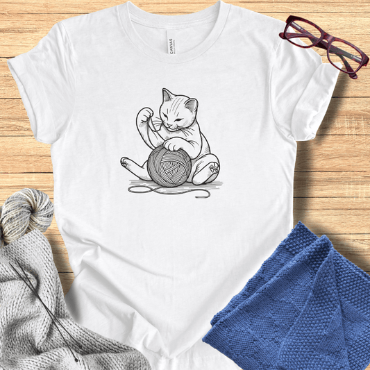 Cat Playing with Yarn T-Shirt White / S