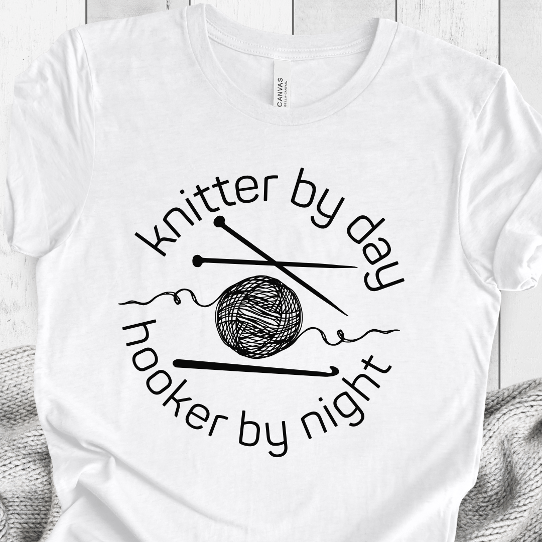 Knitter by Day, Hooker By Night T-Shirt (design 1) White / S