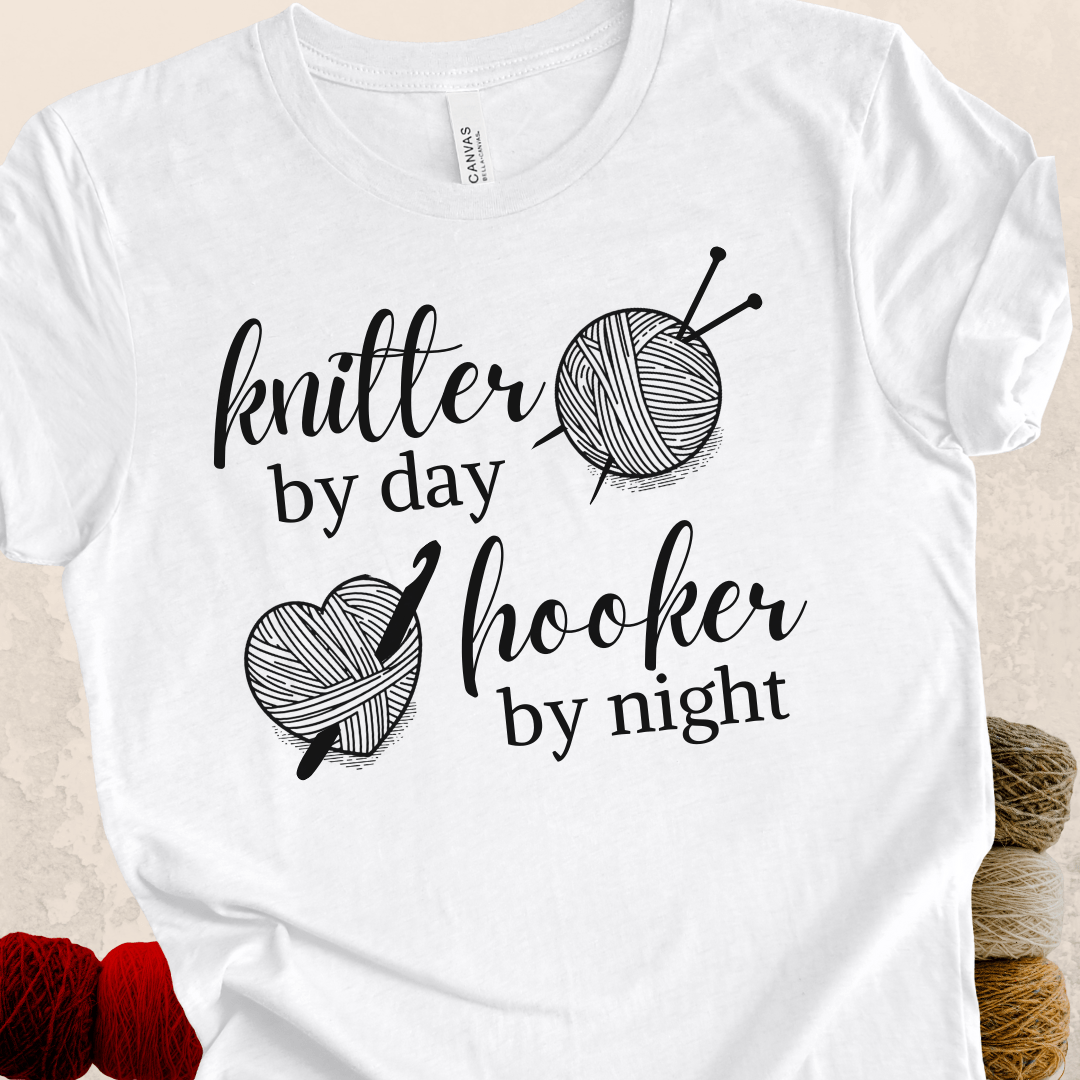 Knitter by Day, Hooker By Night T-Shirt (design 3) White / S