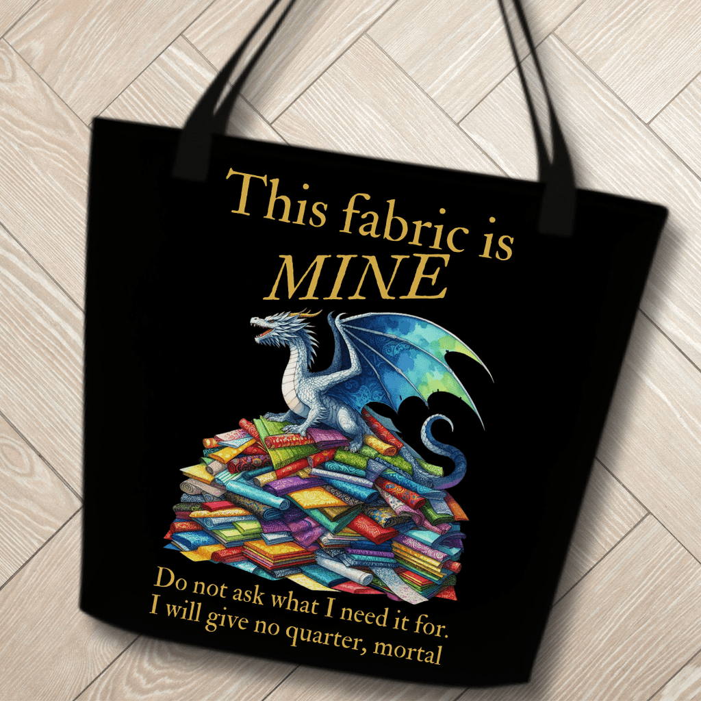 'Fabric Hoarder Dragon' Large Tote Bag With text