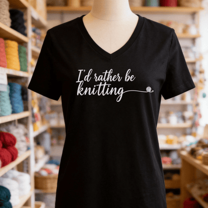 I'd Rather Be Knitting V-Neck T-Shirt Black / S