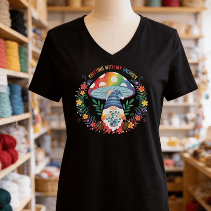 Knitting With My Gnomies V-Neck T-Shirt Black / S