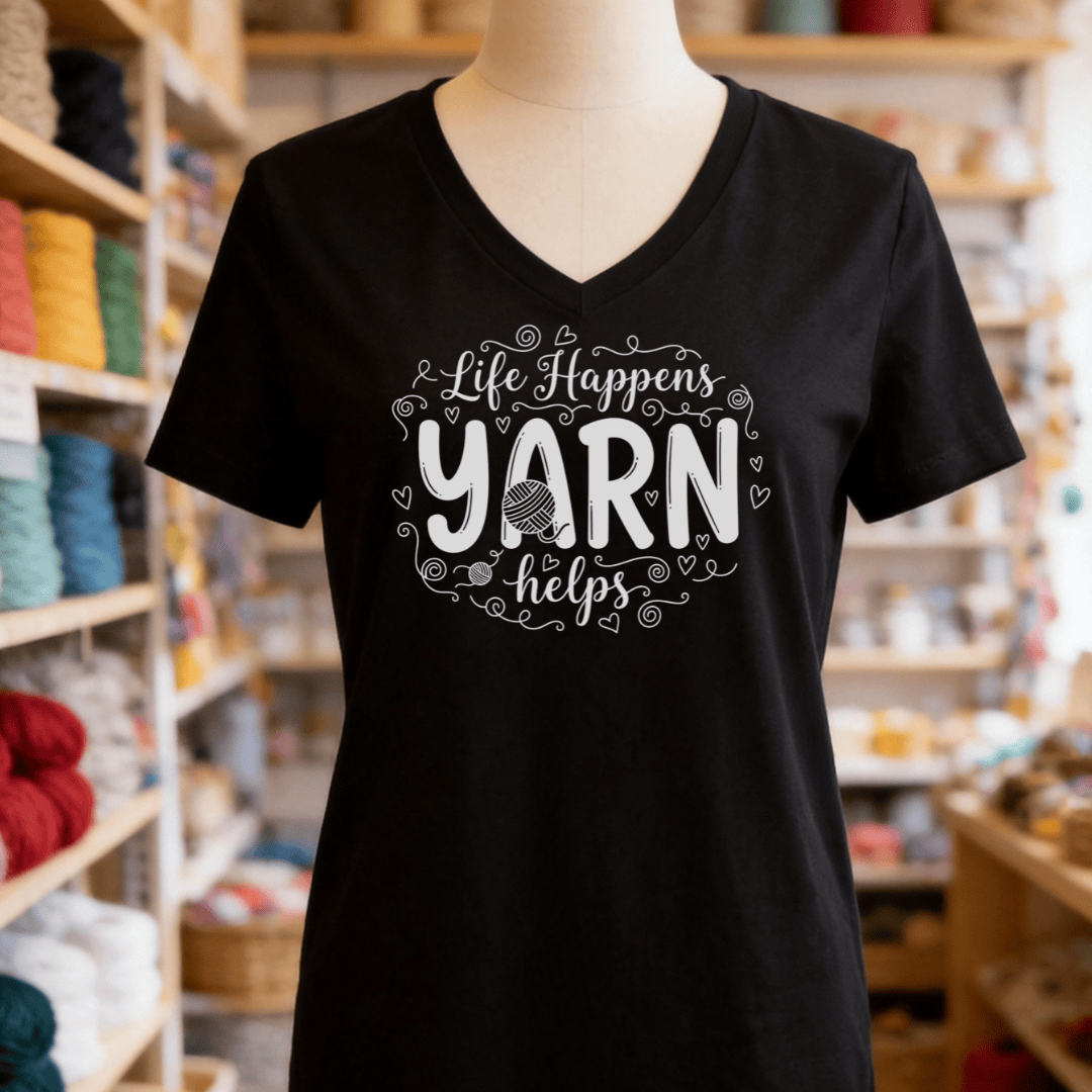 Life Happens, Yarn Helps V-Neck T-Shirt Black / S
