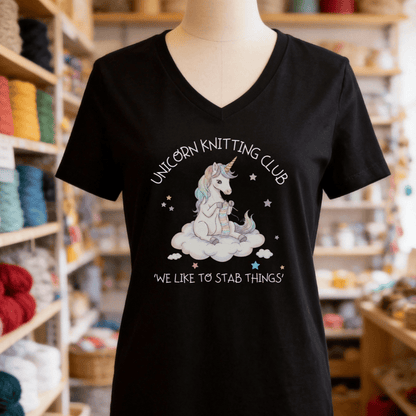 Unicorn Knitting Club V-Neck T-Shirt Black / S