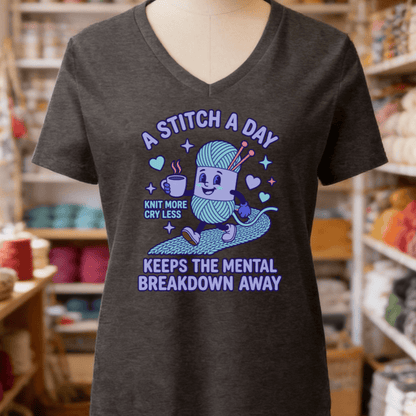 A Stitch A Day V-Neck T-Shirt Dark Grey Heather / S