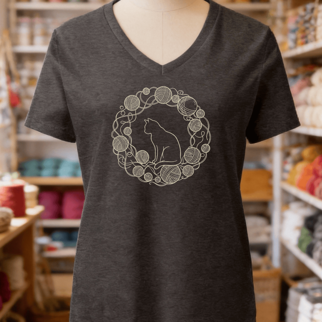 Cat Yarn Wreath V-Neck T-Shirt Dark Grey Heather / S