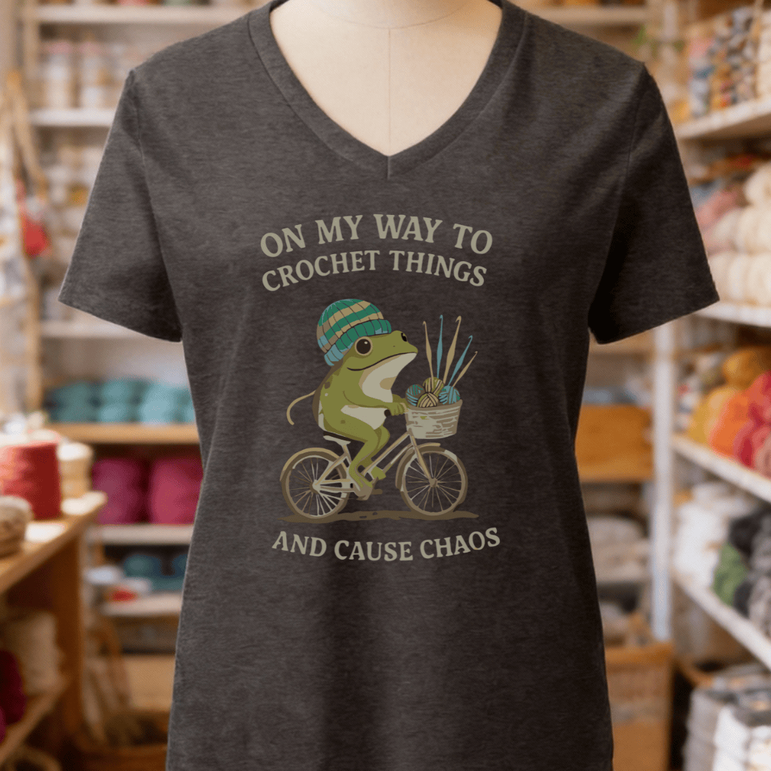 Crochet & Chaos V-Neck T-Shirt Dark Grey Heather / S