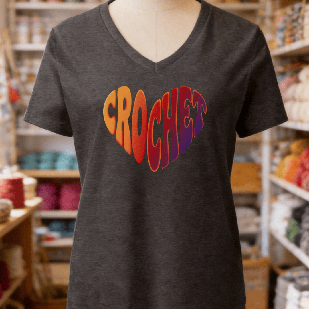 Crochet Heart Sunset V-Neck T-Shirt Dark Grey Heather / S