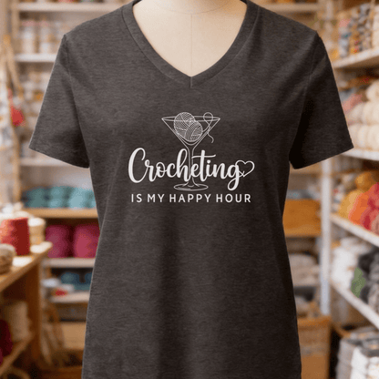 Happy Hour Crocheting V-Neck T-Shirt Dark Grey Heather / S