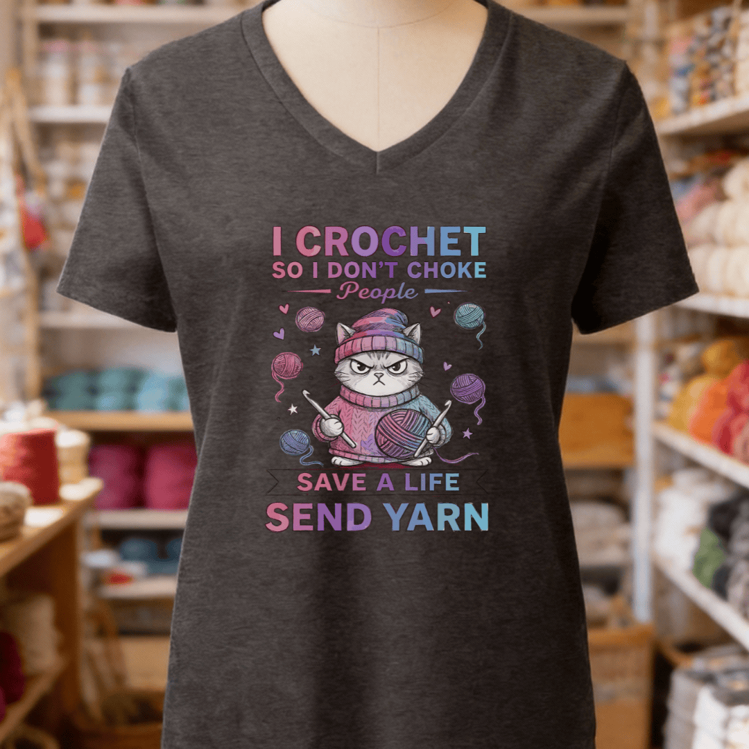I Crochet So I Don't Choke People V-Neck T-Shirt Dark Grey Heather / S