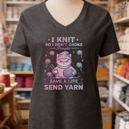 I Knit So I Don't Choke People V-Neck T-Shirt Dark Grey Heather / S