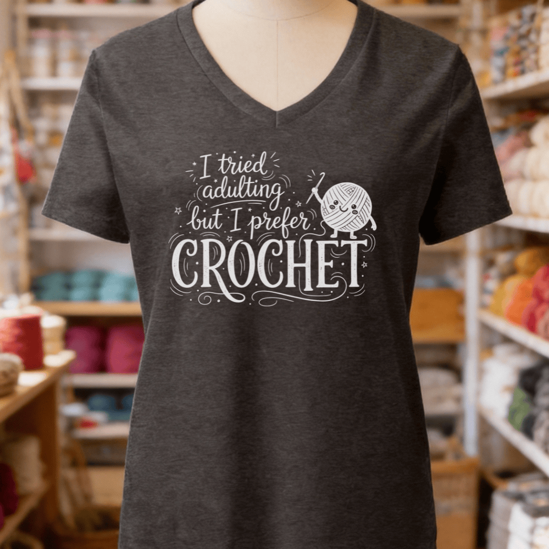 I Prefer Crochet V-Neck T-Shirt Dark Grey Heather / S