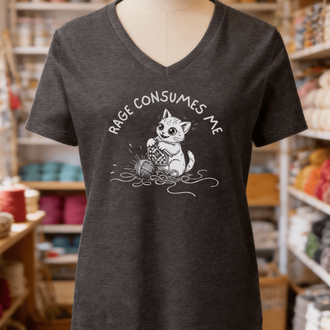 Rage Consumes Me Crochet V-Neck T-Shirt Dark Grey Heather / S