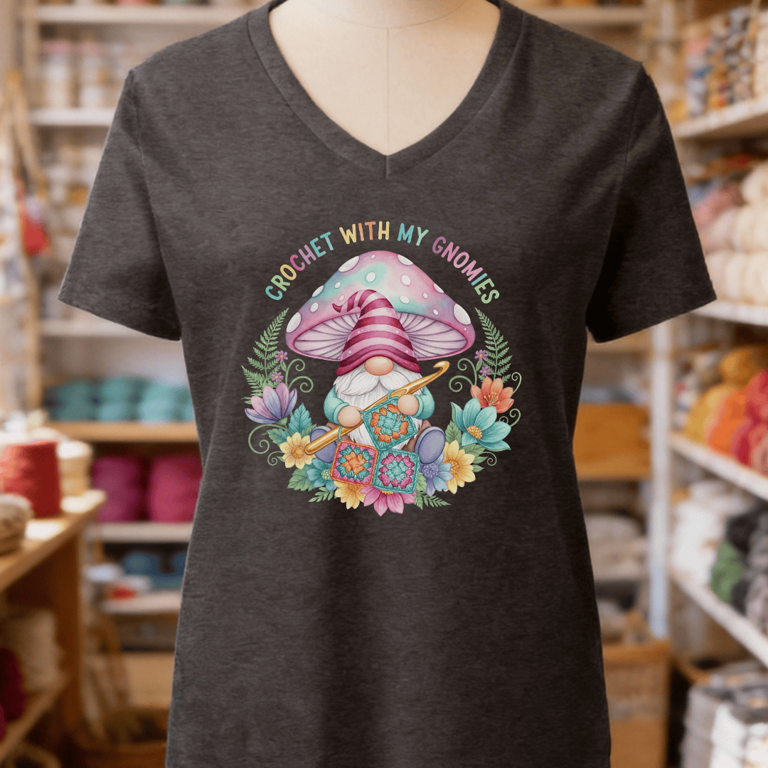 Crochet With My Gnomies V-Neck T-Shirt Dark Grey / S