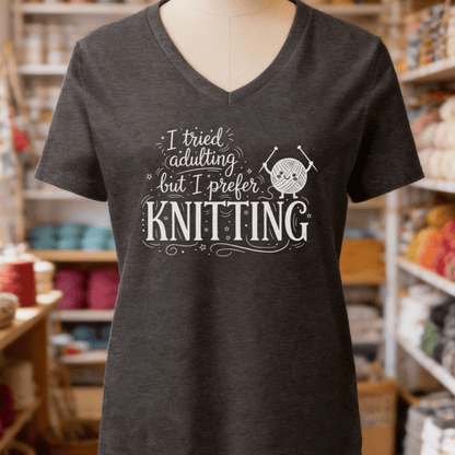 I Prefer Knitting V-Neck T-Shirt Dark Grey / S