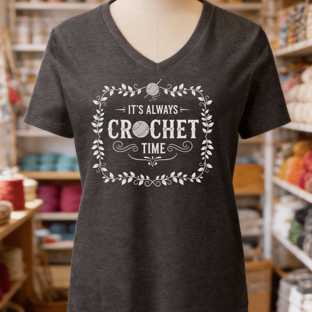 It's Always Crochet Time V-Neck T-Shirt Dark Grey / S