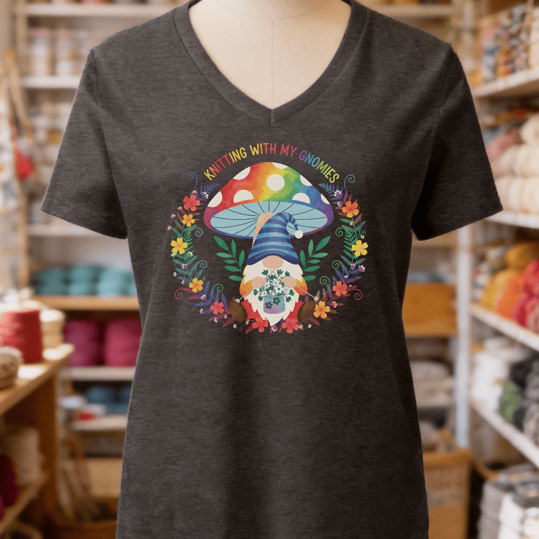 Knitting With My Gnomies V-Neck T-Shirt Dark Grey / S