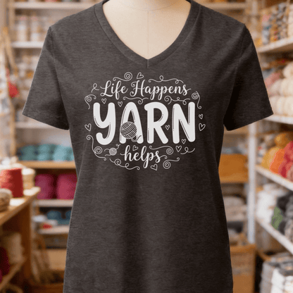Life Happens, Yarn Helps V-Neck T-Shirt Dark Grey / S