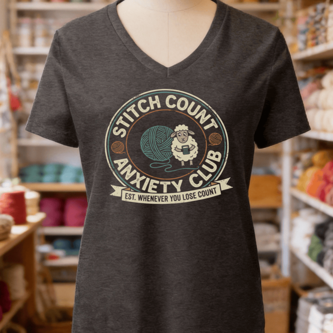 Stitch Count Anxiety Club V-Neck T-Shirt Dark Grey / S