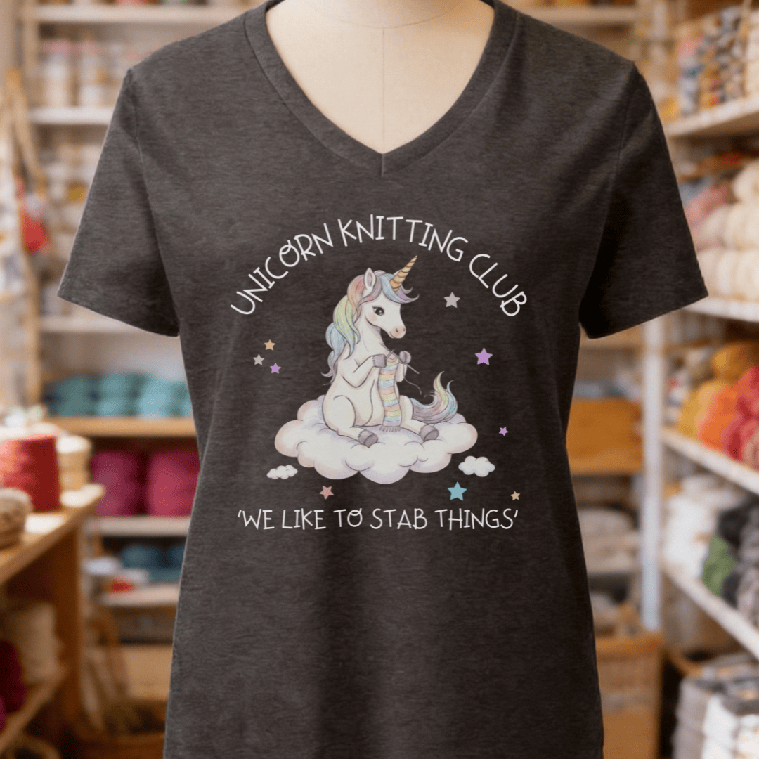 Unicorn Knitting Club V-Neck T-Shirt Dark Grey / S